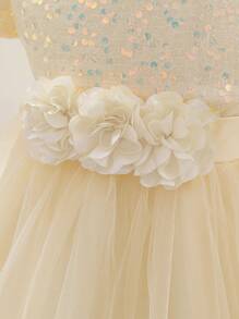 H HIBOBI 女婴3D立体花朵贴花亮片细节大蝴蝶结露背网纱派对连衣裙 - 香檳色 - 查看 4