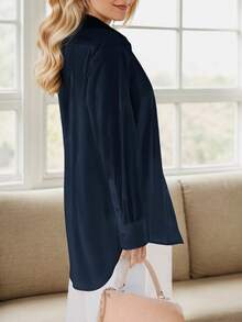tooluck Women's Button Down Long Sleeve Micro Dressy Casual Shirt - 藏蓝色 - 查看 2
