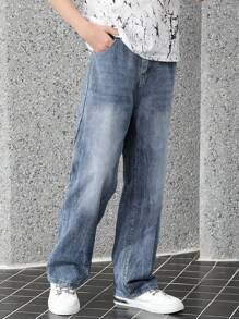 Retro Fashion Versatile Design Straight-Leg Jeans - Medium Wash - View 3