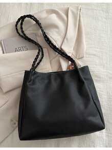 女士复古皮革托特包，大容量，2025春季个性斜挎包，适合工作和通勤，附赠1条随机颜色围巾 - 黑色 - 查看 8