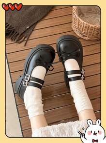 Women's Platform & Thick Sole Loafers/Black Buckle Bow Tie Small Leather Shoes, 2025 Spring New Retro Gothic Lolita Mary Jane Shoes