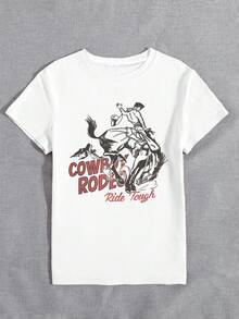 女式牛仔图案 T 恤 - 复古西部牛仔和马印花短袖圆领 T 恤，适合户外聚会、休闲装、四季皆宜 - 白色 - 查看 3