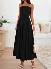 Women Summer Strapless Dress Sleeveless Tube Dress Ruched Flowy Side Pocket Bandeau Maxi Dress Casual Spring Vacation Holiday Beach Cocktail Wedding Guest Midi Dresses Outfits - 黑色 - 查看 6