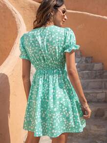 Summer New Ditsy Floral Bohemian Casual Button Front Pleated Hem Beach Dress