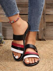 Women's European American Style Fashionable Color Block Elegant Outdoor Flat Slip-On Sandals, Summer Beach Sports Colorful Sandals