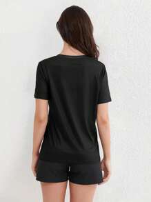 Tricou sport pentru femei, cu mânecă scurtă, elastic și respirabil, potrivit pentru primăvară și vară, negru - Negru - Vizualizare 4