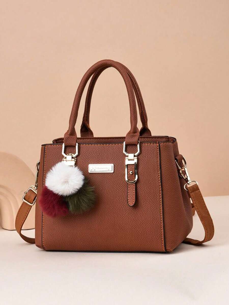 Bolso de mano de mujer de color liso con decoración de bola de felpa, de gran capacidad y de varios niveles, adecuado para citas y trabajo - Marrón - Ver 1