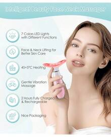 7 Color Neck Face Massager - Facial Massager Tool For Skin Care At Home, Vibrating Face Massager With Thermals, Galvanic Machines White - Pink - View 4