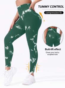 Women's Yoga Pants, Randomly Printed Seamless High Waisted Running, Fitness, And Sports Leggings - Green - View 2
