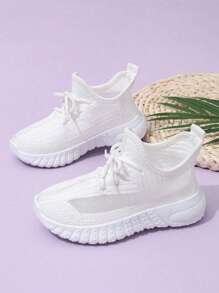 1 Pair Breathable Mesh Baby Running Shoes, Non-Slip Soles, Easy Slip-On, Suitable For All Seasons, Fashionable Casual Children Sports Sneakers - White - View 1