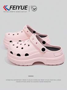 FEIYUE. 1 Pair Women's Pink Slip-On Perforated Shoes, Spring & Summer New Thick Sole Elevated Versatile Breathable Sandals, Suitable For Outdoor Activities, Hiking, Travel, Casual Wear