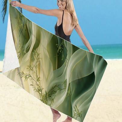 1条超大绿色图案沙滩巾，展现春日气息，轻盈透气的超细纤维材质，夏季必备，男女皆宜，防风防晒，适合沙滩、派对、旅行、露营等各种场合，是完美的度假礼物。