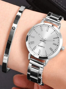 2 件银色合金表带女士手表套装时尚简约石英表手链套装适合日常服装搭配 - 銀色 - 查看 1