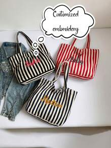 Customized Embroidered Striped Retro Shoulder Bag Slouchy Style Large Capacity Canvas Bag Outdoor Fashion Simple Women's Bag Shopping Bag Large Capacity Korean Edition Classic Retro Stripe Shoulder Bag Simple Sail Bag Wholesale Street Photography Bag Korean New Slouchy Style Fashionable Atmospheric Canvas Bag Large Capacity Shoulder Women's Bag Casual Big Bag - Multicolor - View 1