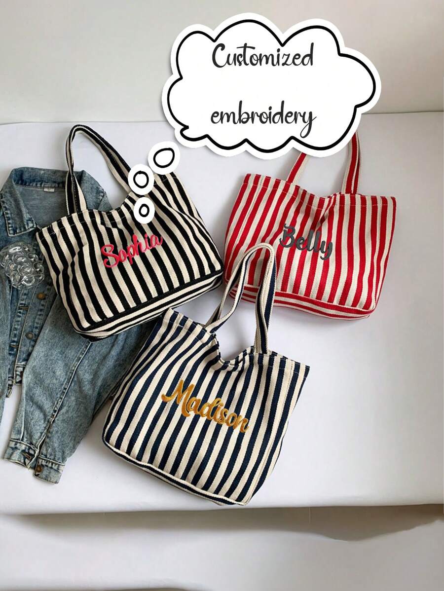 Customized Embroidered Striped Retro Shoulder Bag Slouchy Style Large Capacity Canvas Bag Outdoor Fashion Simple Women's Bag Shopping Bag Large Capacity Korean Edition Classic Retro Stripe Shoulder Bag Simple Sail Bag Wholesale Street Photography Bag Korean New Slouchy Style Fashionable Atmospheric Canvas Bag Large Capacity Shoulder Women's Bag Casual Big Bag - Multicolor - View 1