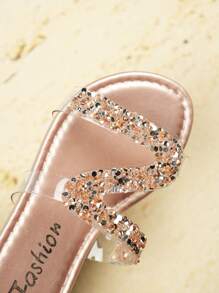 1 Pair Girls Classic Round Toe Rhinestone Decor Flat Sandals, Cute & Fashionable For Summer, Beach, And Various Occasions - Champagne - View 8