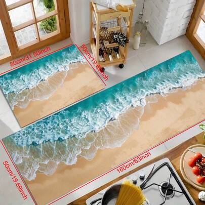 1 件海滩和海洋印花防滑硅胶厨房垫，3D 矩形地毯，适用于客厅、卧室、走廊、浴室、洗衣房 - 涤纶地毯，适用于室内和室外家居装饰