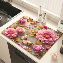 1pc Vintage Floral Pattern Absorbent Coaster, Suitable For Espresso Machines, Sinks, Faucets, Bathroom Cup Holders, Home Decor And Kitchen Accessories - FULSD284 - View 4