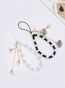 1 pieza Correa de muñeca decorada con flor de cristal de lujo y cuentas, muñequera corta con rhinestones para mujer, accesorio para teléfono, cámara, USB, llaves, estuche de teléfono, regalo para madre, familia, amigos, cumpleaños, vacaciones