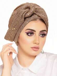 1pc European & American Style Women's Sequin Pleated Twist Headscarf Hat, Head Wrap Turban Hat With Metal Button For Dress - A - View 6