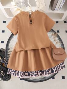 2pcs/Set Young Girl Retro Leopard Print Bow Decor Short Sleeve T-Shirt And Double-Layer Skirt Set, Summer