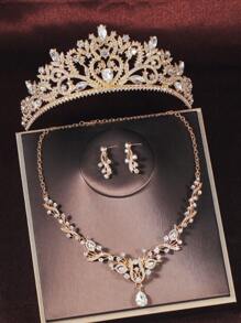 GoldenBrideWedding Accessories Crown With Necklace And Earrings 4-Piece Jewelry Set For Bridal Attire,Also Suitable For Wedding Parties And Gatherings - Gold - View 2