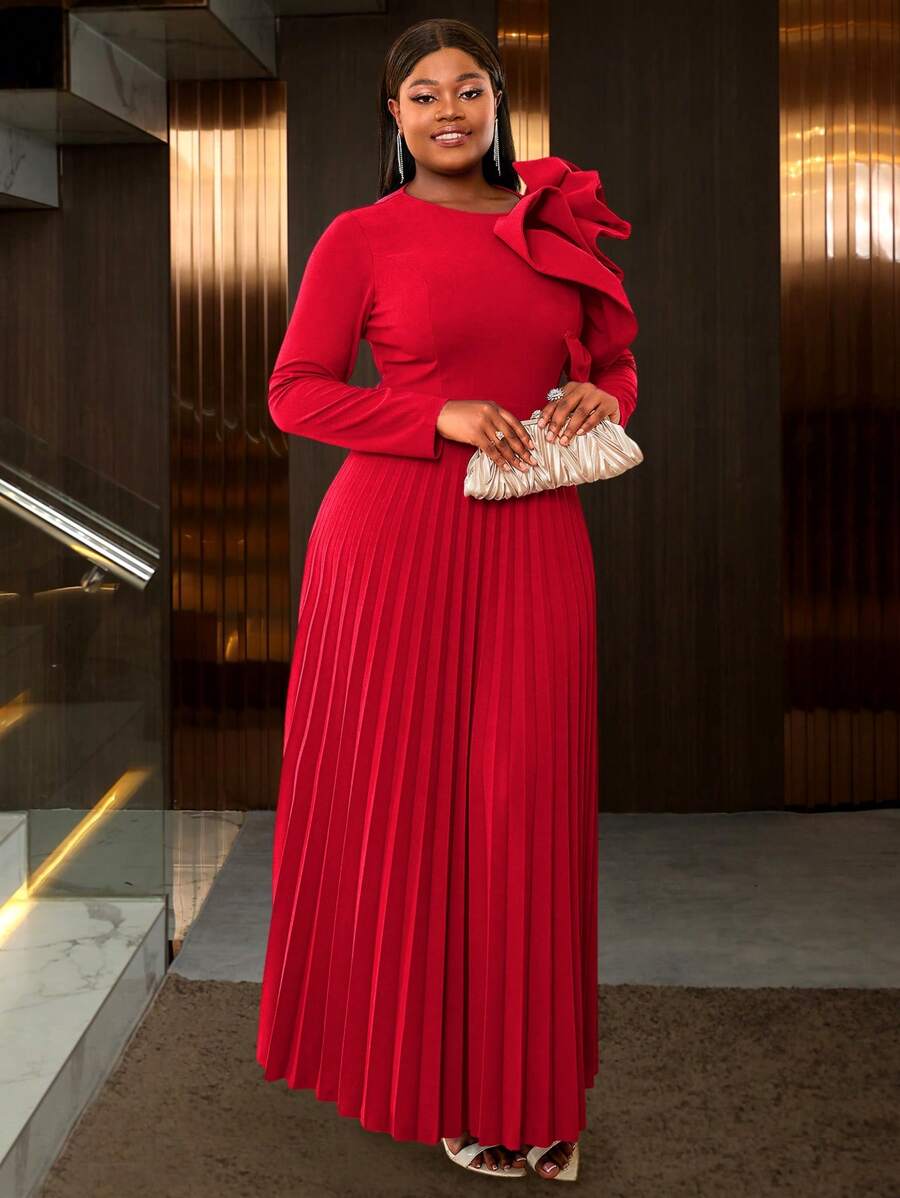 Floral Ruffled Fitted Long Sleeve Pleated Dress - Red - View 1