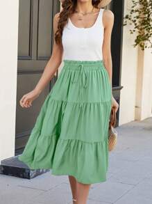 Sage Green Pleated Elastic Waist Vacation Skirt - Sage Green - View 2