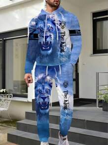 Lion Pattern Personalized Men's Street Fashion Hoodie Set - Blue - View 1