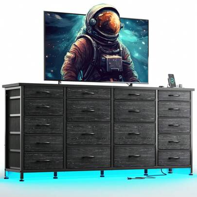 EnHomee 63" W 18 Drawers Dresser With LED Lights & Power Outlets Long Dresser For 65" TV Stand For Bedroom Large Fabric Dressers & Chests Of Drawers For Bedroom, Sturdy Metal Frame, Mother's Day Decor, Room Deocr, Home Decor