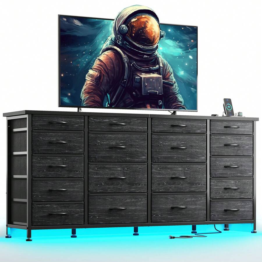 EnHomee 63" W 18 Drawers Dresser With LED Lights & Power Outlets Long Dresser For 65" TV Stand For Bedroom Large Fabric Dressers & Chests Of Drawers For Bedroom, Sturdy Metal Frame, Mother's Day Decor, Room Deocr, Home Decor