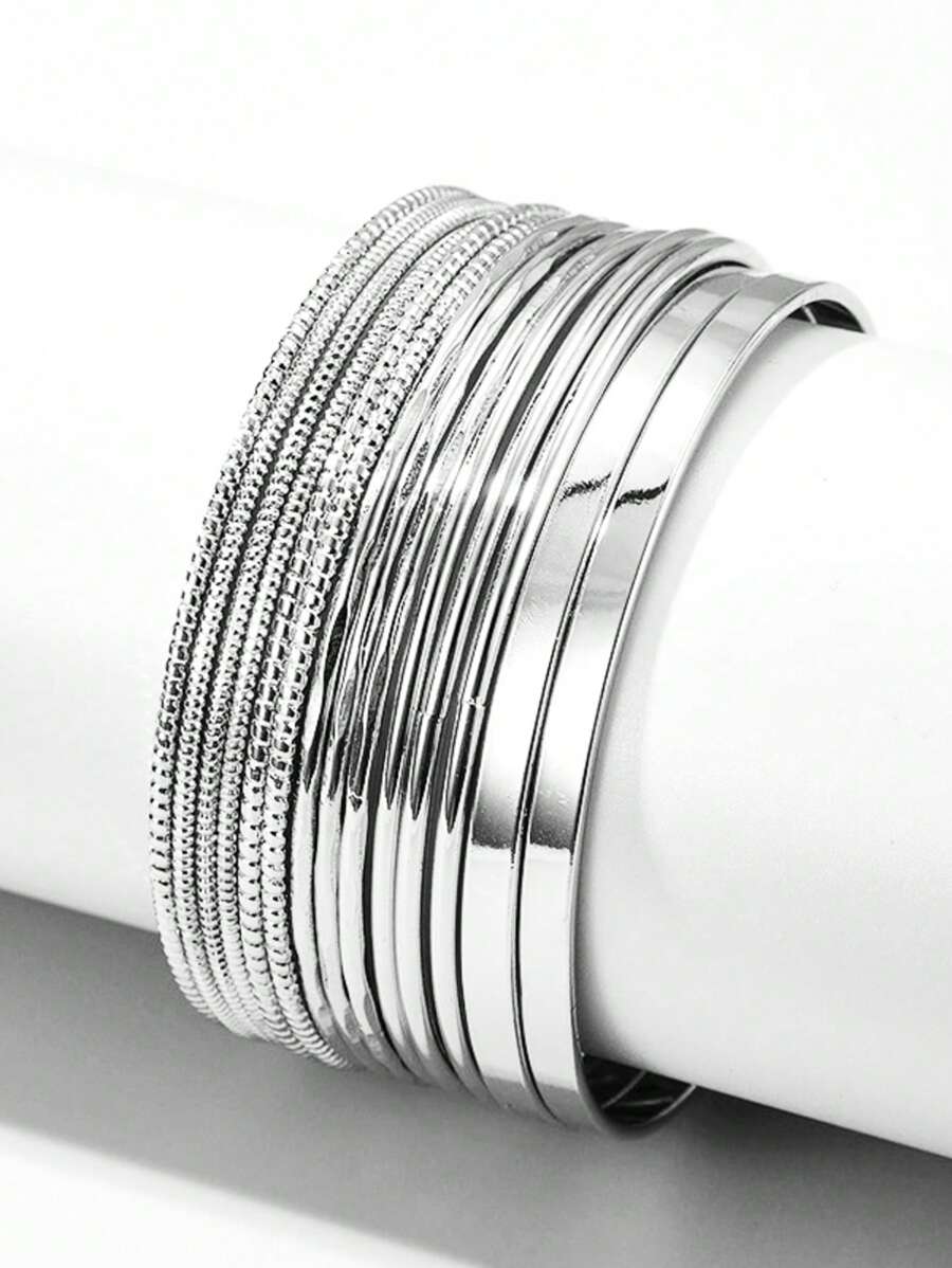 RINTOLER 14pcs Unique Geometric Hollow Woven Bracelet Set (Please Confirm The Product Size Is Suitable Before Purchasing.) - ZJ10288-14 Pieces Silver Bracelet - View 1