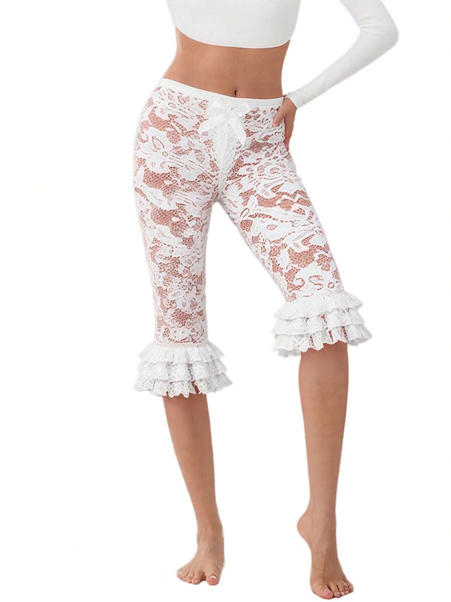 Women Lace Ruffle Capri Leggings Sheer Mesh Elastic High Waist See Through Pants - 白色 - 查看 1