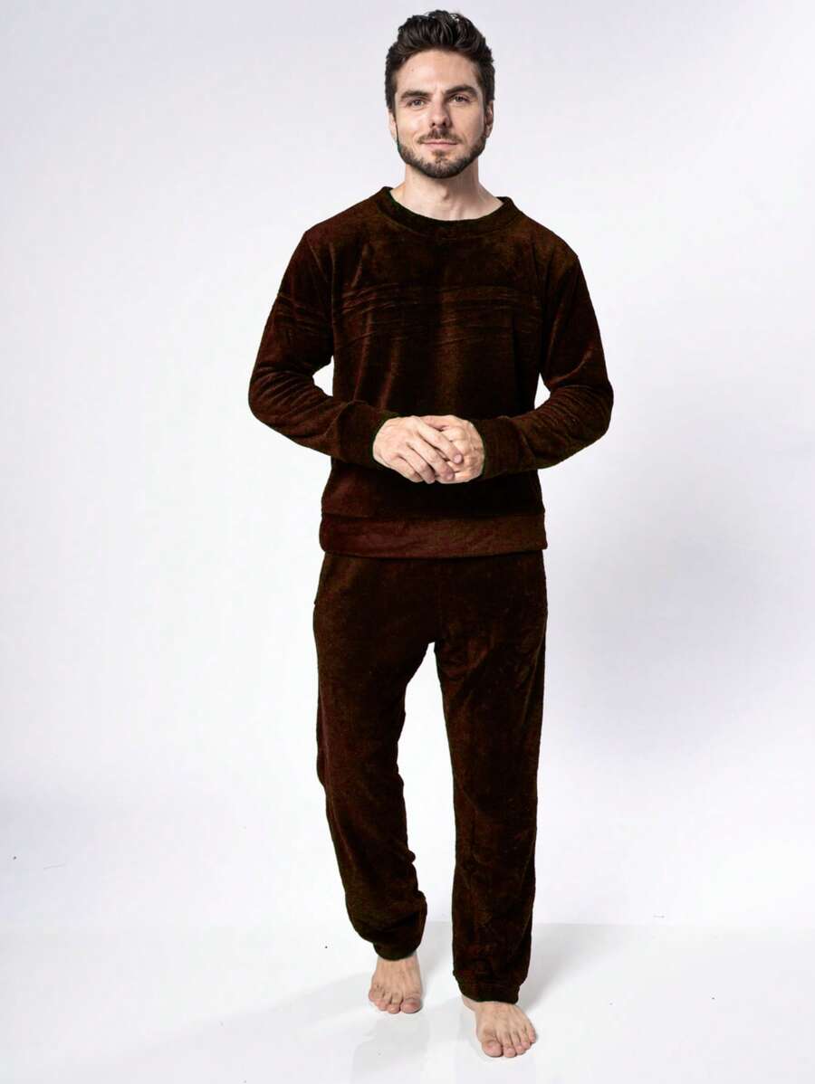 Men's Ultrasoft Long Fleece Pajamas For Cold Winter - Rust Brown - View 1