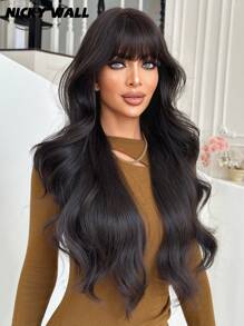 NICKY WALL 优雅女士长款自然黑色假发，带刘海，30 英寸波浪卷发合成假发，自然蓬松，耐热纤维发，全编织假发，适合日常派对使用 - 黑棕色 - 查看 6