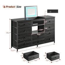 EnHomee 55" W  Lagre Dresser For Bedroom With Mirror & LED Lights And Charging Station, Vanity Table With 10 Fabric Drawers And Lighted Mirror, Dressers & Chests Of Drawers For Bedroom, Closet, Hallway, Black Wood Grain - Xem 4