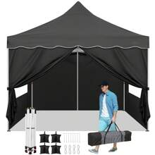 CAROMA Cenador plegable impermeable de 3 x 3 pulgadas con 4 paredes laterales, fácil instalación, cenador portátil para jardín al aire libre con 4 sacos de para fiestas, festivales y mercados, color negro.