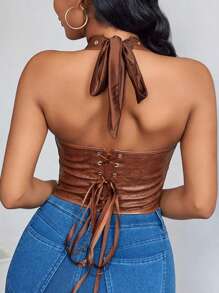 Women's Vintage Spooky Texture Floral Pu Leather Eyelet Lace Up Tie Front Deep V Neck Corset Shapewear Crop Halter Top Vacation Going Out Gothic Style Outfits - màu nâu - Xem 2