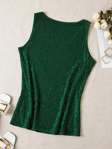 Sequin V-Neck Sleeveless Tank Top, Elegant Tank Top For Spring And Summer - Dark Green - View 2