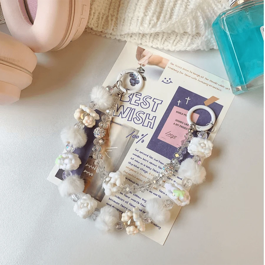 New Autumn/Winter Beaded Fuzzy Rings, Hand-Painted Pearl Double Chain Phone Strap, Car Key Chain, Bag Embellishment, Assorted Beaded Phone Charm