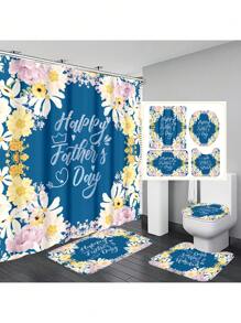 1pc/4pcs Father's Day Printed Multipurpose Bathroom Decor Set - Waterproof Shower Curtain With 12 Hooks, Slip-Resistant Bath Mat, U-Shape Toilet Mat, Round Toilet Lid Cover, Suitable For All Bathroom Scenarios Back To School