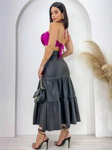Women's Midi Skirt Three Marias Leatherette High Waist Luxury Fashion - 黑色 - 查看 2