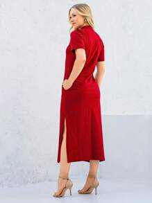 Cotton Midi Dress With SleevesSimpleCasualElegantKnitSplitPocketSide SlitStreetHome - Đỏ - Xem 3