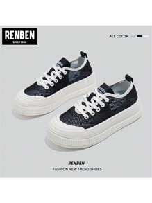 RENBEN 帆布运动鞋女休闲平底鞋复古新款圆头百搭白色鞋子厚底秋季 - 黑色 - 查看 4