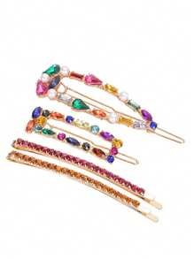 4pcs/Set Fashionable Studded Geometric Hairclips, Simple Crystal Hair Clips Set