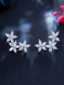 1 对精致花朵耳钉，镀银马眼形切割方晶锆石首饰，对称设计女士新娘配饰，适合婚礼、订婚派对、舞会 - 白色 - 查看 10