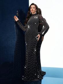 QOQ 闪亮华丽黑色热钻水钻立领美人鱼下摆长袖礼服，适合晚会、晚宴、生日派对（大量装饰）、正式场合、婚礼宾客 - 黑色 - 查看 7