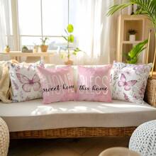 MEMNUN 4件套，尺寸分别为17.7*17.7英寸（45*45厘米）、19.69*19.69英寸（50*50厘米）和15.75*15.75英寸（40*40厘米），“温馨家园”水彩蝴蝶印花涤纶抱枕套，粉色，单面印花，不含枕芯，家居装饰，适用于室内/室外，客厅、卧室、沙发、汽车等，是馈赠亲朋好友的完美礼物。 - 彩色 - 查看 12