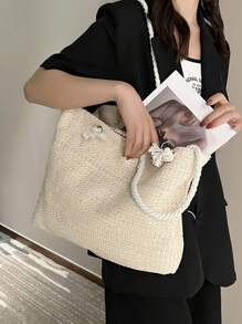 Women's Summer Straw Woven Tote Bag, Large Capacity Shoulder Hand Bag, Eye-Catching Beach Bag Summer, Summer Straw Beach Bag For Women, Hottest Beach Bags For Women, Fashion Summer Vacation Bag, Beach Essentials Women Bags For Vacation & Holiday, Newest Holiday Bag , Beach Bag - Beige - View 6