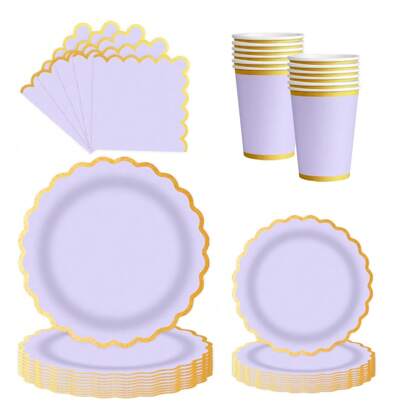 Set de 10/20/50 piezas, platos de papel, vasos y servilletas de color morado claro con borde de lámina dorada, decoración y suministros para fiestas, platos desechables decorativos, servilletas y vasos para postres, aperitivos y favores de fiesta